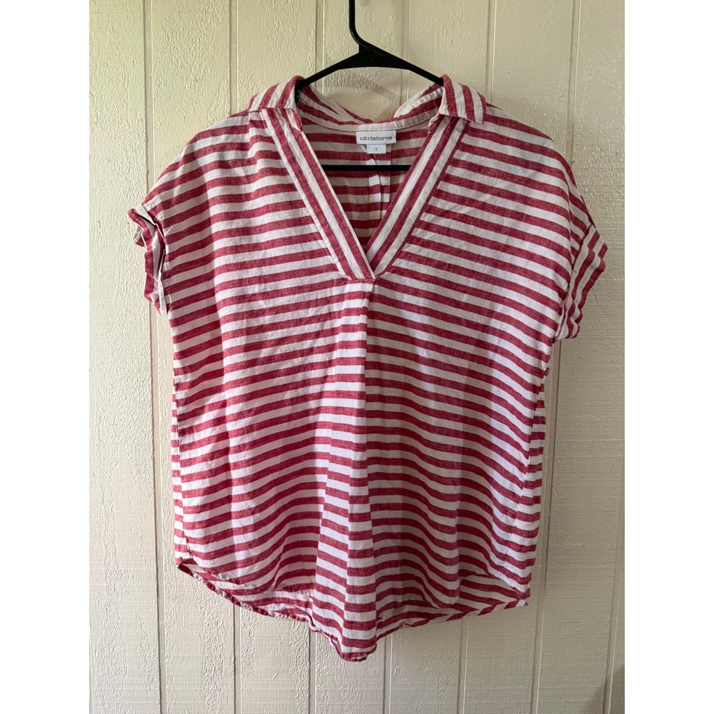 Liz Claiborne Red White Striped Linen Blend V-Neck Short Sleeve Blouse Small